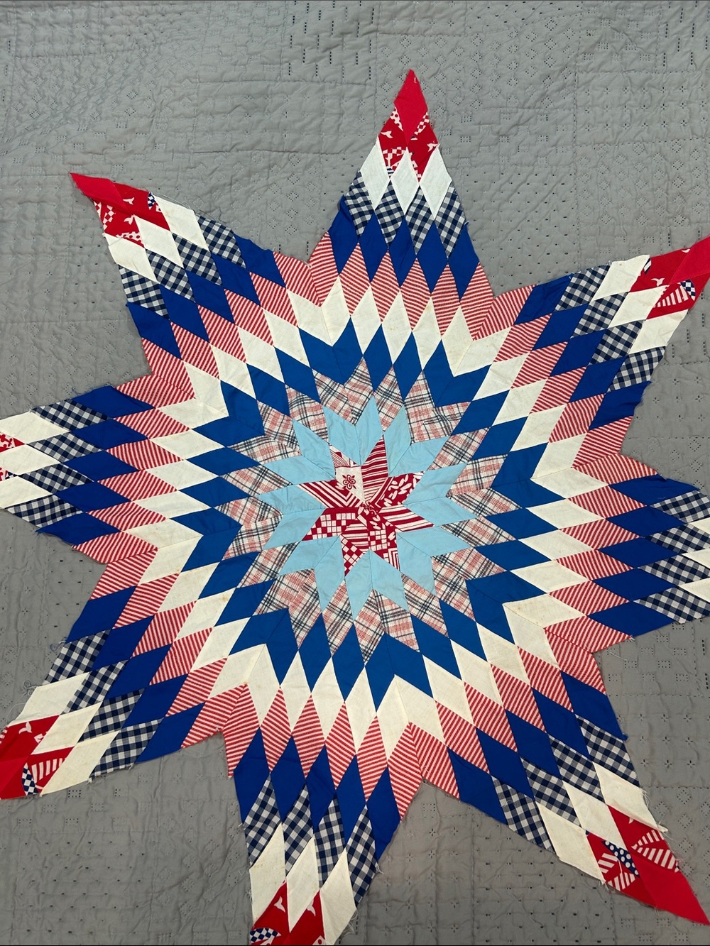 Starburst Patchwork Center top - Red, Blue, White 46”